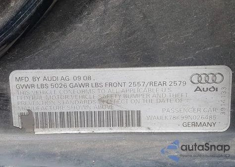 2009 Audi A4 3.2 Premium Plus z USA, uszkodzony, nr VIN WAULK78K99N026485